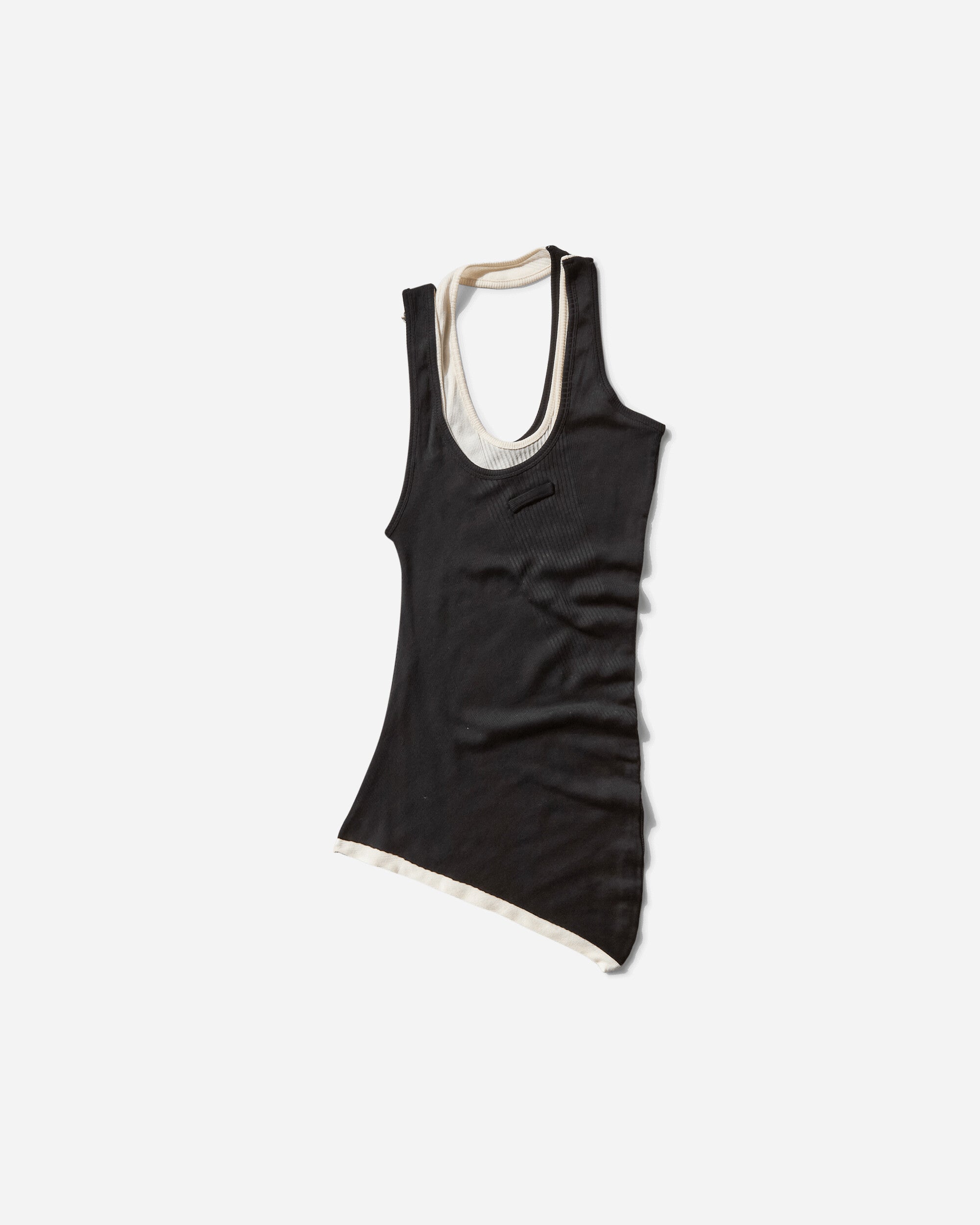 Jean Paul Gaultier Wmns Cotton Ribbed Twisted Double Layer Tank Top Black/Ecru T-Shirts Top 25-34-F-DB053-J092 0003